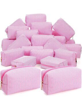 30 Pcs Striped Seersucker Cosmetic Bags Set, Pink Zippered Travel Organizers